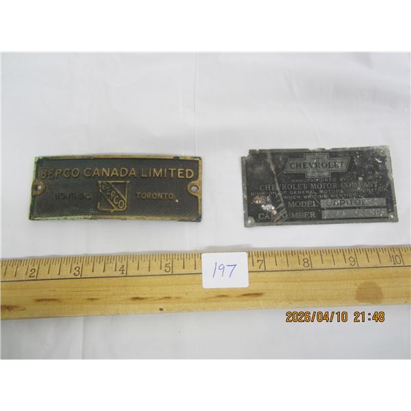 197. Antique Bepco Solid Brass Plaque and a Chevrolet Company Serial Number Tag