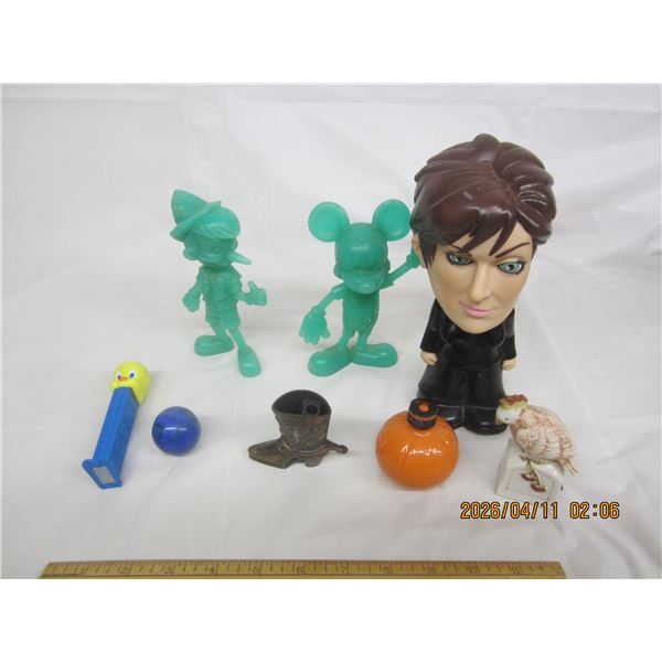 218. Vintage Toy Lot Disney Figures, Sharon Osborn Figure, Pez, Large Marble