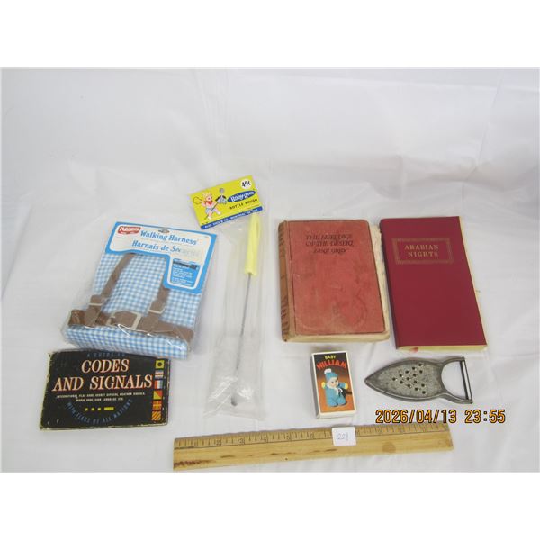 221. Vintage Toy, Lot of Books, Doll, Bottle Brush, Harness