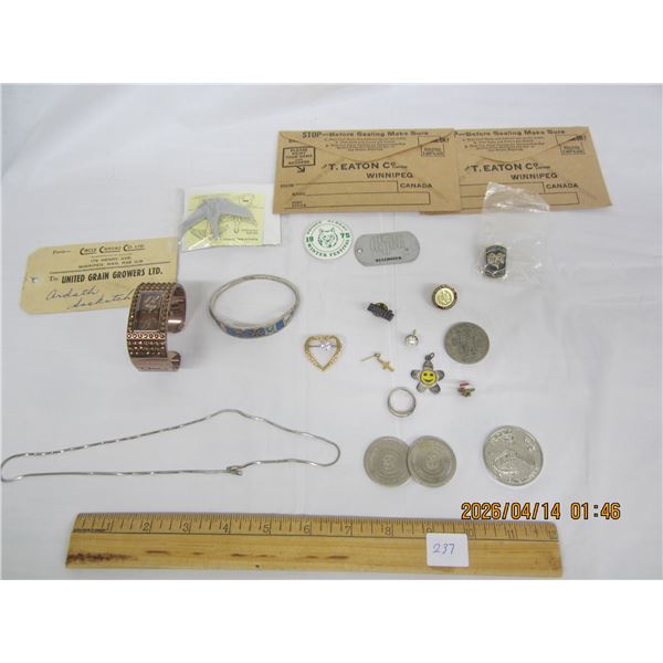 237. Mixed Vintage Lot Jewelry, Coins, Watch, Paperwork Ect.