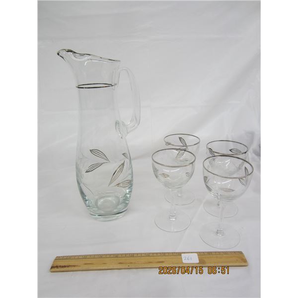 261.Antique Wine Pitcher with 4 Glasses Decorated with Silver Good Condition