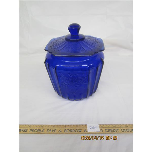 264. Cobalt Blue Depression Gass Mayfair Pattern Cookie Jar with Lid