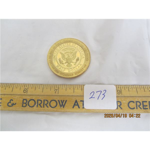 273. Rare Gold Plated 1964 Sudbury Kennedy Tribute Fifty Cent Piece