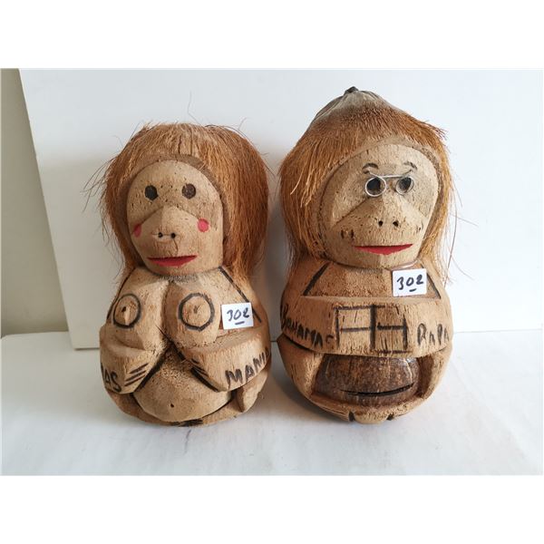 2 Vintage Carved Coconut Monkey Sculptures 9"tall