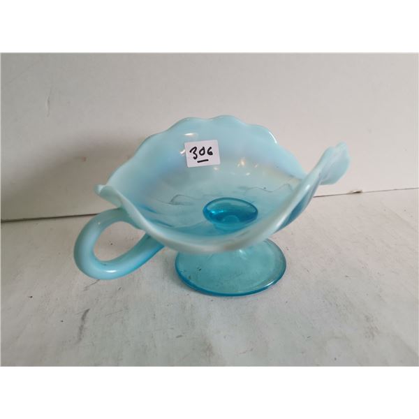 A Dugan Glass Blue Opalescent Nappy Dish 7" long