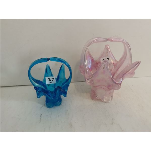 2 Vintage Hand Blown Baskets Pink and Blue 6"&4"