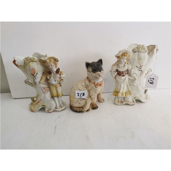 2 German Vintage Vases 5.5" and Antique German Cat 5"