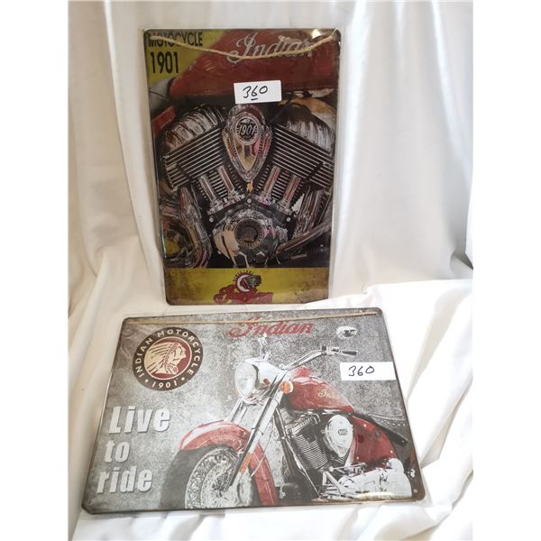 Two Indian Motorcycle Tin Signs 12"x8"
