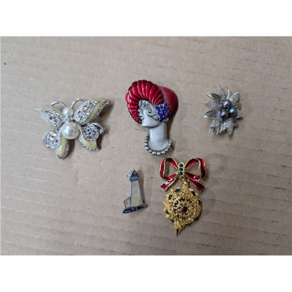 (5) Brooch's (1) Butterfly W/ Pearl 2"