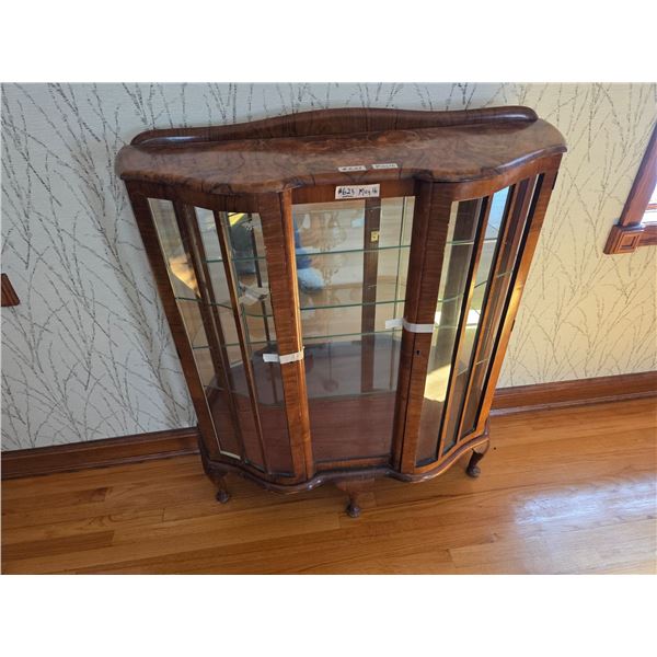 Small wooden China cabinet, Glass on back wall. Two glass shelves. Two keys included.- 40" by 14" by
