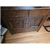 Image 2 : Wooden display cabinet with bevelled mirror back. Drawers and doors for storage area open.- 40.5" by