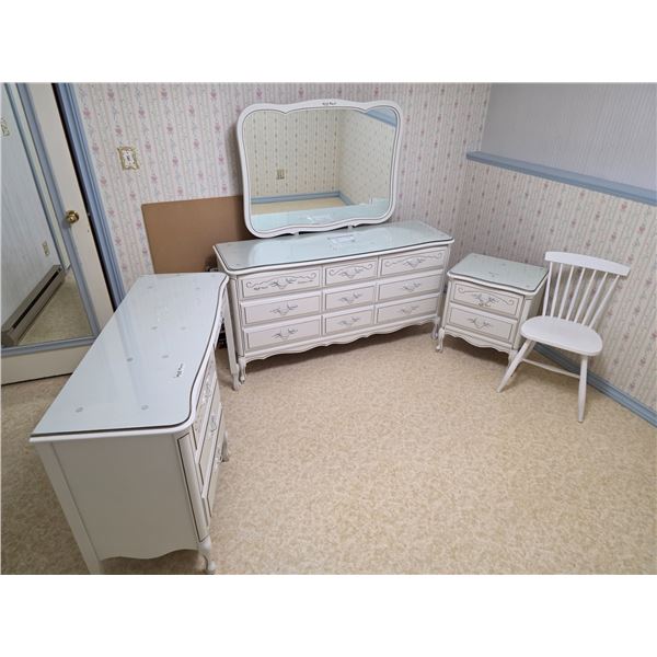 Bedroom furniture with protective glass tops: dresser, bedside table, desk and chair.- sizes vary