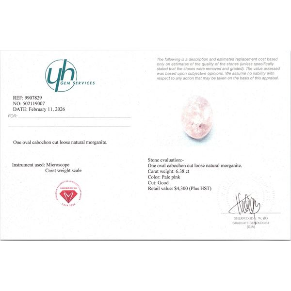 6.38 ct Certified Pink Morganite gemstone ($4,300 Appraisal)