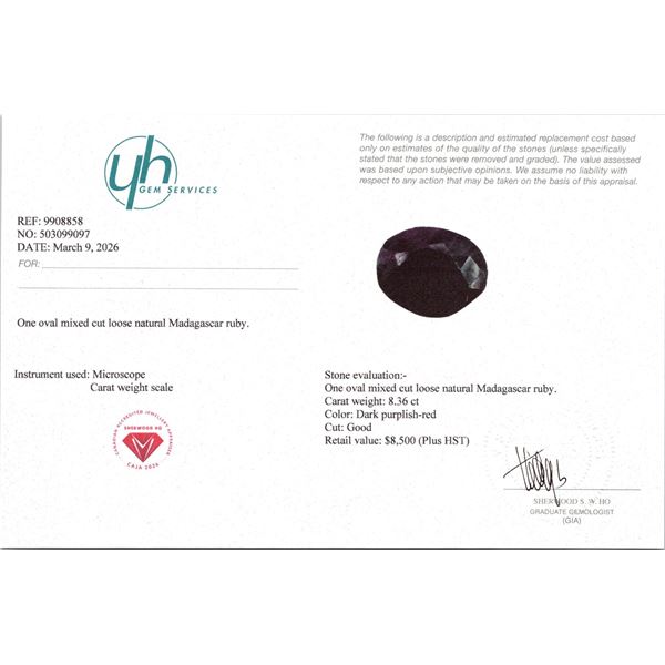 8.36 ct Certified Madagascar Ruby gemstone ($8,500 Appraisal)