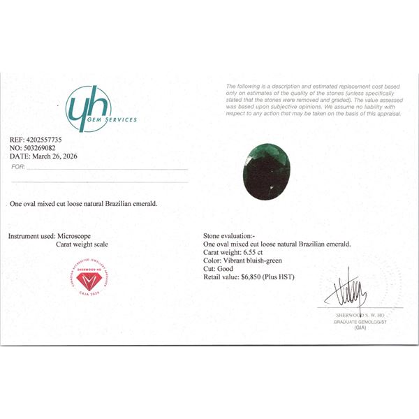 6.55 ct Certified Brazilian Emerald gemstone ($6,850 Appraisal)