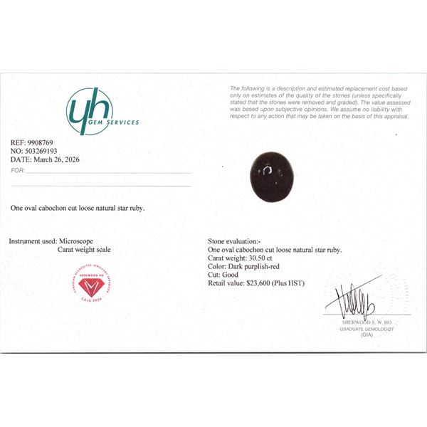 30.5 ct Certified Untreated Star Ruby gemstone ($23,600 Appraisal)