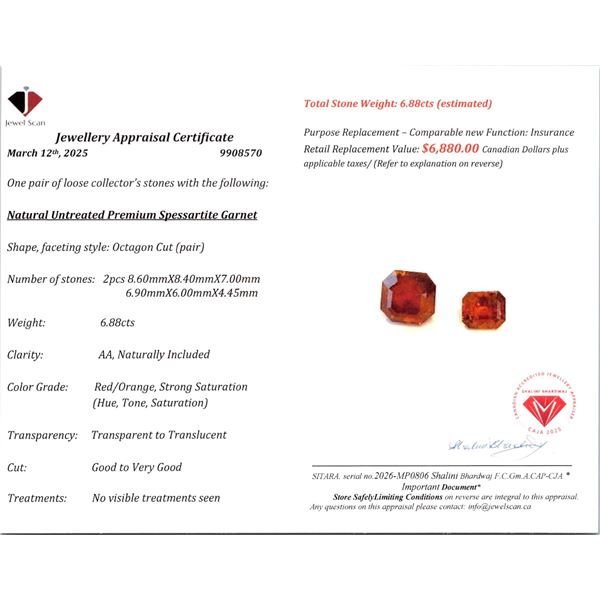 6.88 ct Certified Spessartite Garnet gemstone Pair ($6,880 Appraisal)