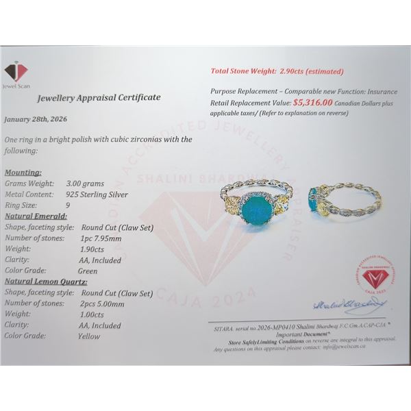 2.98 ct Certified Silver Emerald gemstone Ring ($5,316 Appraisal)