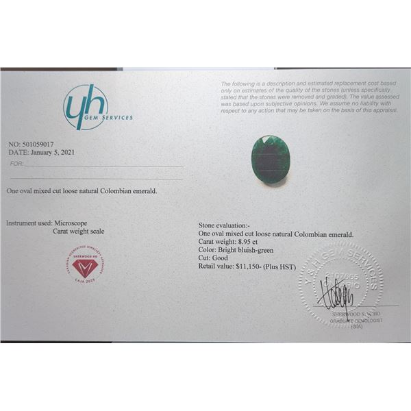 8.95 ct Certified Colombian Emerald gemstone ($11,150 Appraisal)