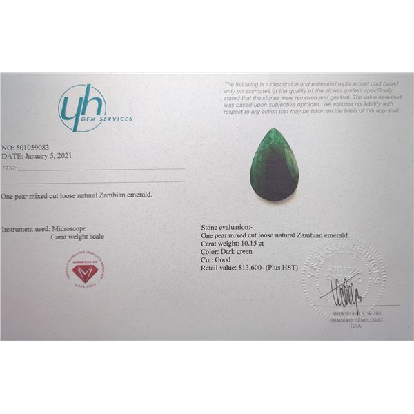 10.15 ct Certified Colombian Emerald gemstone ($13,600 Appraisal)