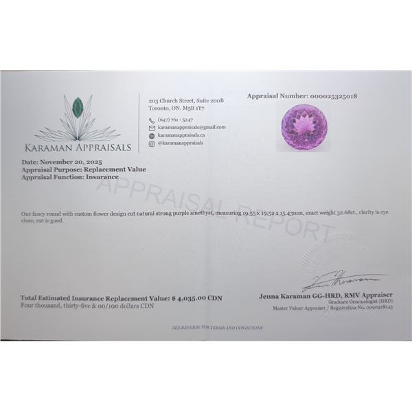 32.68 ct Certified Uruguay Amethyst gemstone ($4,035 Appraisal)