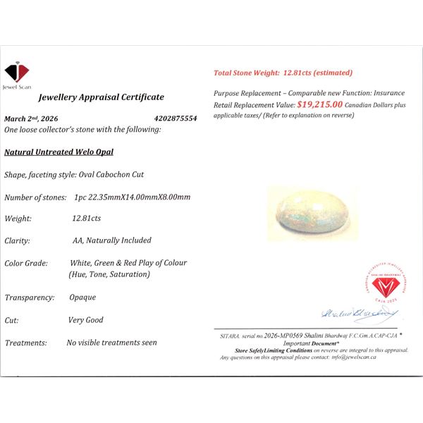 12.81 ct Certified Welo Opal gemstone ($19,215 Appraisal)