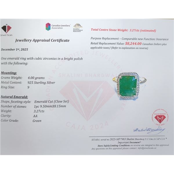 4 ct Certified Silver Emerald gemstone Ring ($8,244 Appraisal)