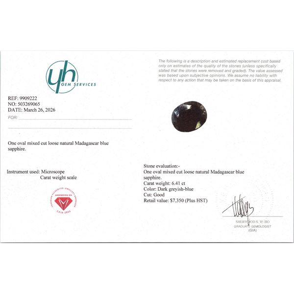 6.41 ct Certified Madagascar Sapphire gemstone Untreated ($7,350 Appraisal)