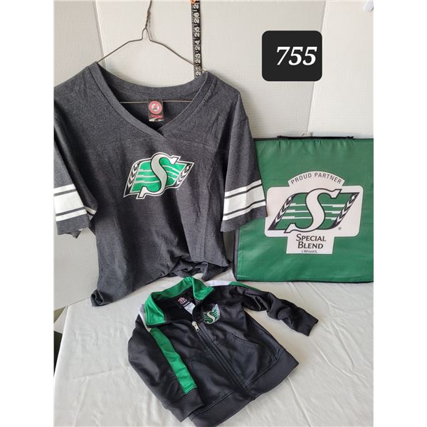 Authentic CFL Sask. Roughrider Youth shirt, Child jacket & seat cushion.
