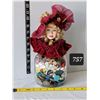 Image 1 : 1950's storage jar with porcelain doll head on lid. Filled with vintage buttons.