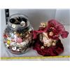 Image 7 : 1950's storage jar with porcelain doll head on lid. Filled with vintage buttons.