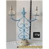 Image 1 : Scrolled wrought iron candle holder with ceramic base & oil candles. Fleur de lis.