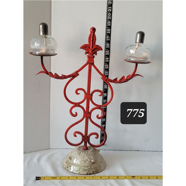 Red Scrolled wrought iron candle holder with ceramic base & oil candles. Fleur de lis.