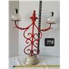 Image 1 : Red Scrolled wrought iron candle holder with ceramic base & oil candles. Fleur de lis.