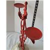 Image 4 : Red Scrolled wrought iron candle holder with ceramic base & oil candles. Fleur de lis.