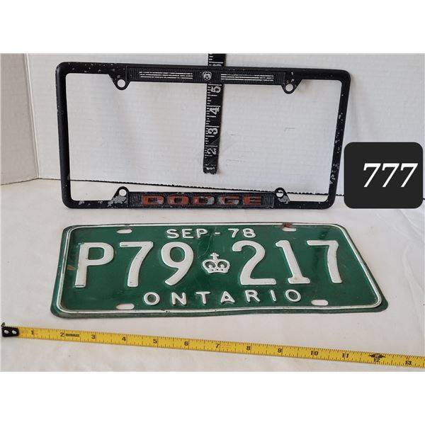 1978 Ontario license plate & Dodge plate holder.