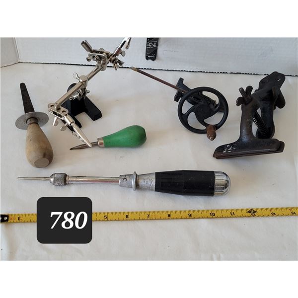 Vtg. Tools. Breast driller, iron clamp, Stanley #45 push drill & 3rd hand.