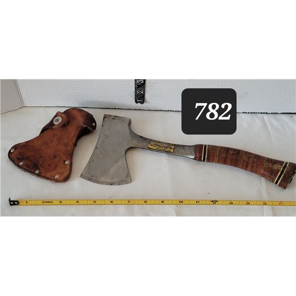 Vtg. Estwing hatchet. Leather wrapped handle & leather blade cover.