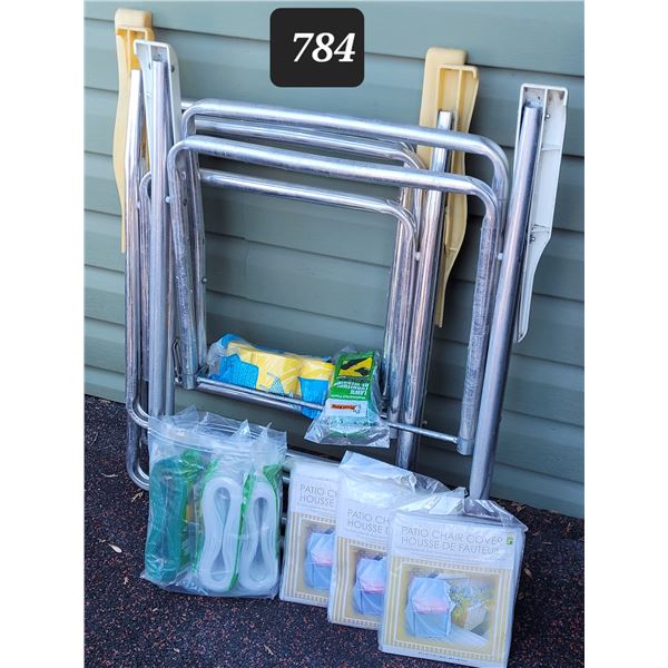 Vintage folding lawn chairs, new webbing, hardware & covers.