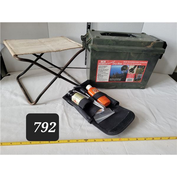 Vtg. Iron & canvas stool, Shot shell dry box & Hunter gun cleaning kit.