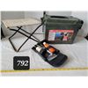 Image 1 : Vtg. Iron & canvas stool, Shot shell dry box & Hunter gun cleaning kit.