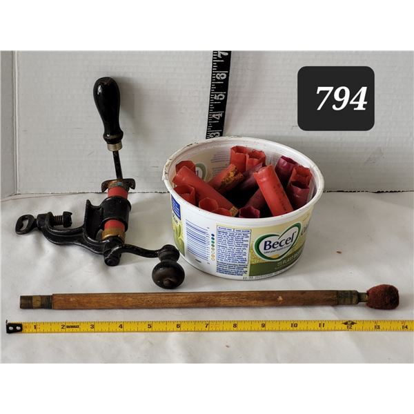 Antique shotgun shell crimper, shells & barrel cleaner.