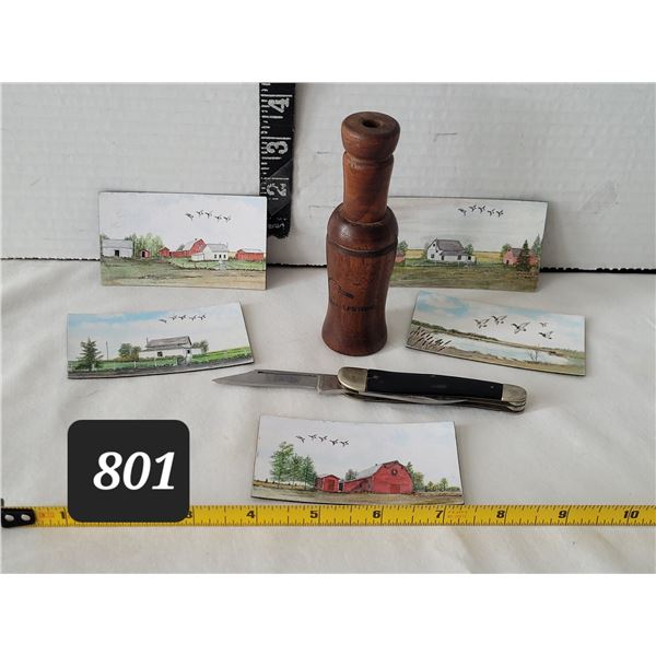 Ducks Unlimited wood duck call, pocket knife & J. Heshka hand drawn flying geese magnets.