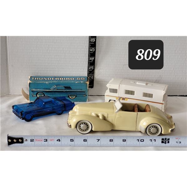Vtg. Avon cars. 1955 Thunderbird, 1937 Cord & a Winnebago.
