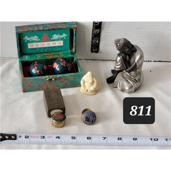 Buddah statues, baoding exercise balls & Copal natural perfume tins.