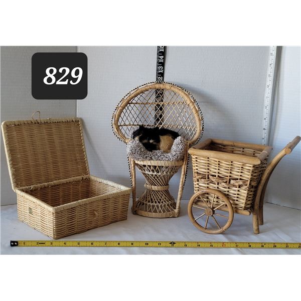 Vtg. Wicker chair, cart & trinket box.