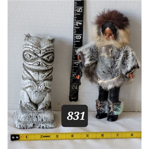 Vtg. Collectible sleepy eyed Inuit Carlson doll. Seal fur & leather. Carved tribal Tiki art sculptur