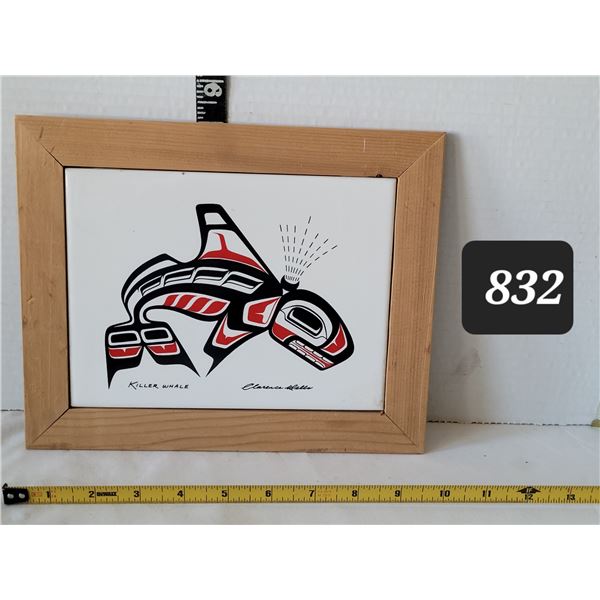 Clarence A. Wells “Killer Whale” aboriginal art framed ceramic tile.