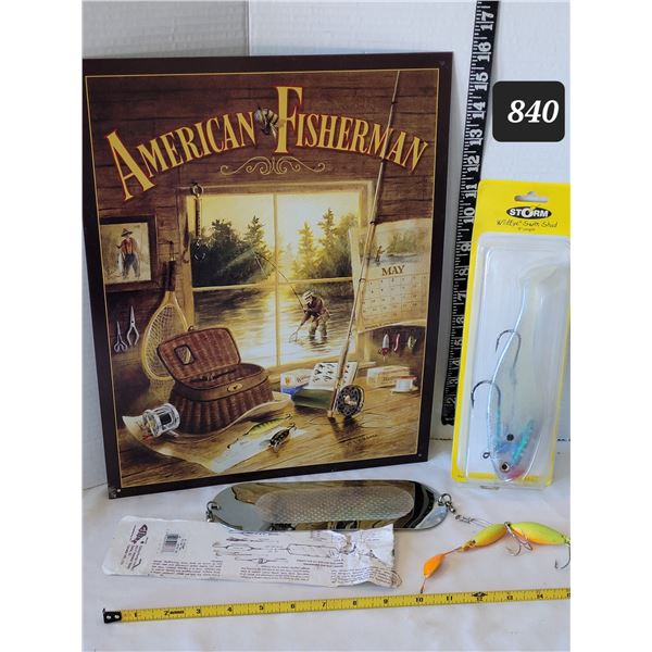 Metal fisherman sign & hooks.