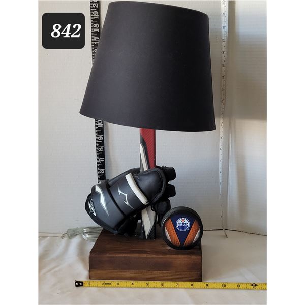 Edmonton Oilers lamp. Glove, stick & puck.